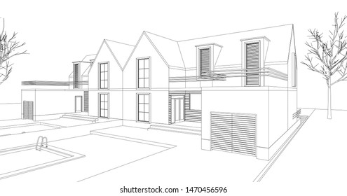 townhouse, architectural sketch, 3d illustration