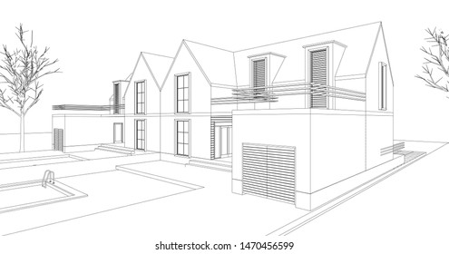 townhouse, architectural sketch, 3d illustration