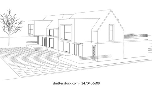 townhouse, architectural sketch, 3d illustration