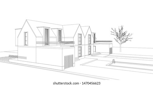 townhouse, architectural sketch, 3d illustration