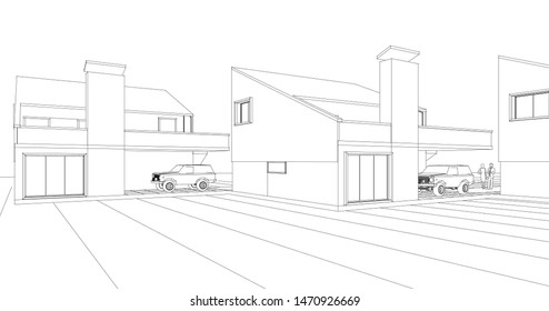 townhouse, architectural sketch, 3d illustration