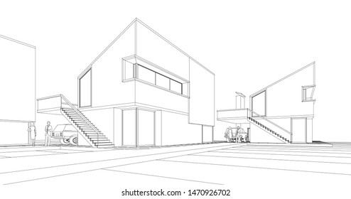 townhouse, architectural sketch, 3d illustration