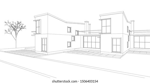 townhouse architectural sketch 3d illustration