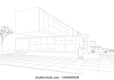 townhouse architectural sketch 3d illustration