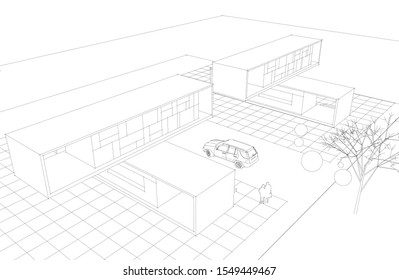 townhouse architectural sketch 3d illustration