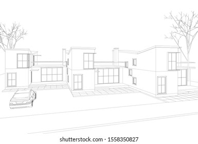 townhouse architectural sketch 3d illustration