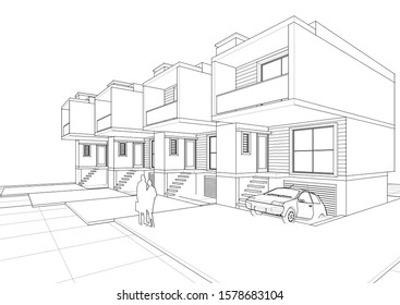 townhouse architectural sketch 3d illustration