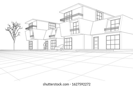 townhouse architectural sketch 3d illustration