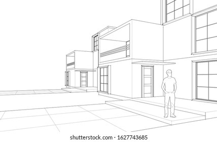 townhouse architectural sketch 3d illustration