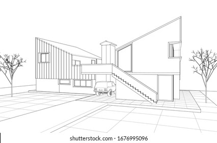 townhouse architectural sketch 3d illustration
