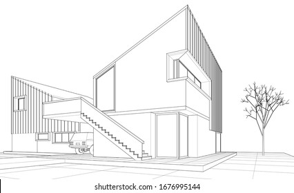 townhouse architectural sketch 3d illustration