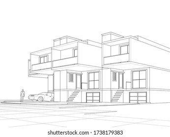 townhouse architectural sketch 3d illustration