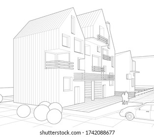 townhouse architectural sketch 3d illustration