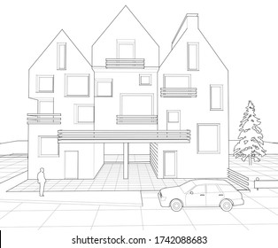 townhouse architectural sketch 3d illustration