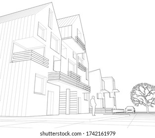 townhouse architectural sketch 3d illustration