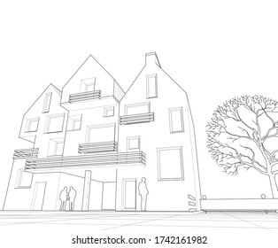 townhouse architectural sketch 3d illustration