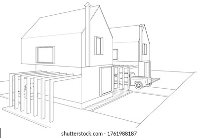 townhouse architectural sketch 3d illustration