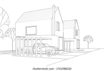 townhouse architectural sketch 3d illustration