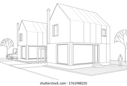 townhouse architectural sketch 3d illustration