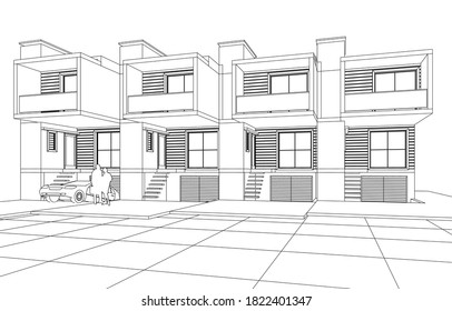 townhouse architectural sketch 3d illustration