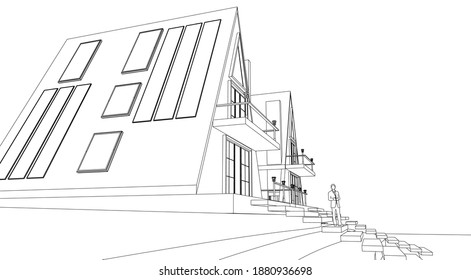 townhouse architectural sketch 3d illustration