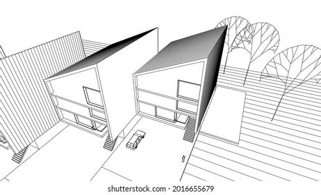 townhouse architectural sketch 3d illustration