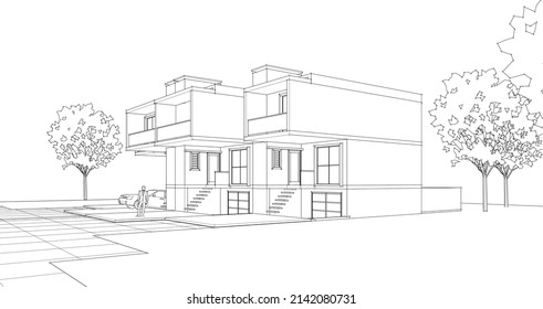 townhouse architectural sketch 3d illustration