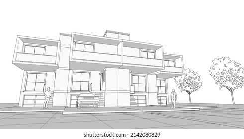 townhouse architectural sketch 3d illustration