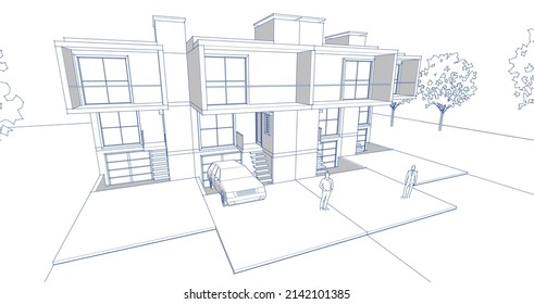 townhouse architectural sketch 3d illustration