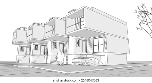 townhouse architectural sketch 3d illustration