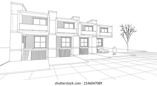 townhouse architectural sketch 3d illustration