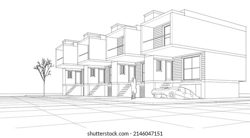 townhouse architectural sketch 3d illustration