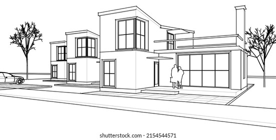 townhouse architectural sketch 3d illustration