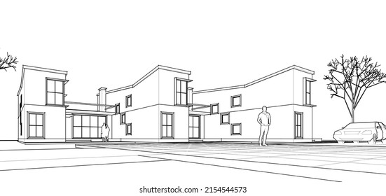 townhouse architectural sketch 3d illustration