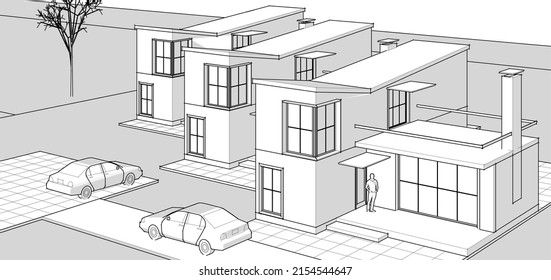 townhouse architectural sketch 3d illustration