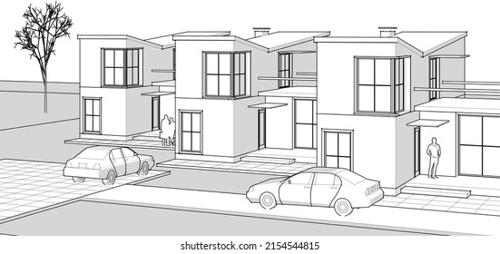 townhouse architectural sketch 3d illustration