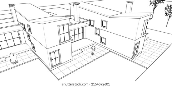 townhouse architectural sketch 3d illustration