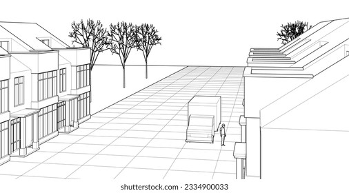townhouse architectural sketch 3d illustration