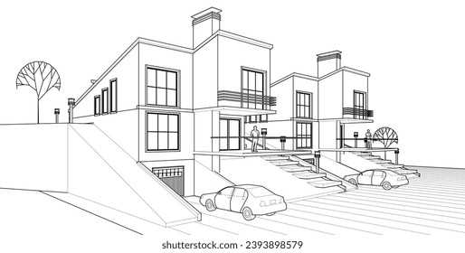 townhouse architectural sketch 3d illustration	

