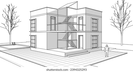  townhouse architectural sketch 3d illustration