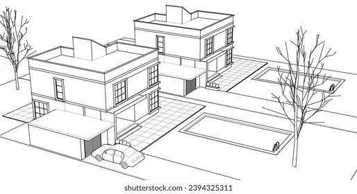  townhouse architectural sketch 3d illustration