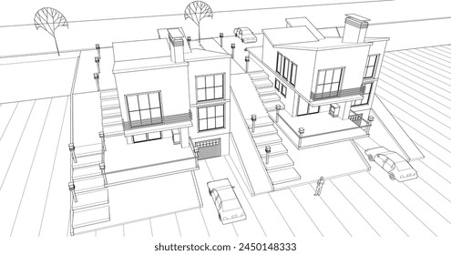  townhouse architectural sketch 3d illustration