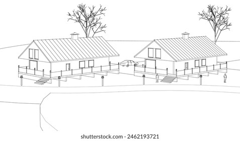 townhouse architectural sketch 3d illustration