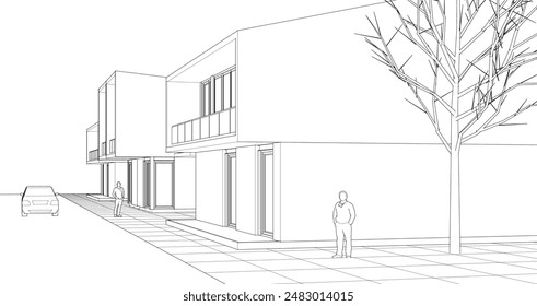 Townhouse architectural sketch 3d illustration
