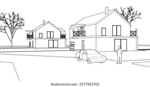 townhouse architectural sketch 3d illustration
