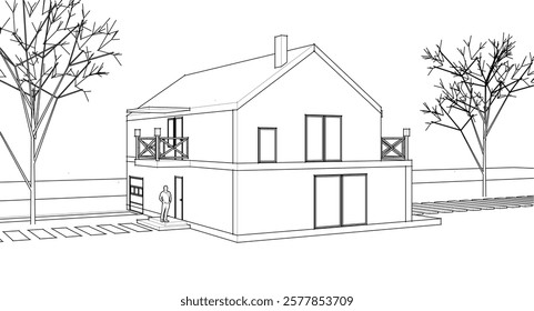 townhouse architectural sketch 3d illustration
