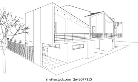 townhouse architectural sketch 3d illustration