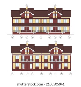 Townhouse building detailed architectural technical drawing, vector blueprint