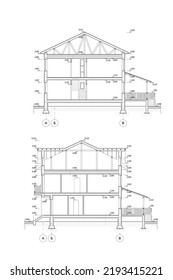 Townhouse building detailed architectural technical drawing, vector blueprint