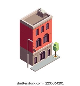 Townhouse building isometric composition with isolated colourful building with multiple storeys and modern architecture design vector illustration